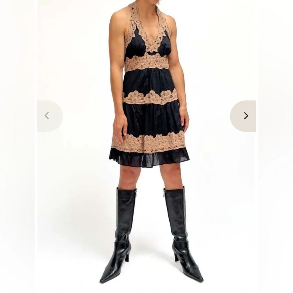 Vintage Y2K 90’s rare BCBG black brown lace halter mini dress cotton silk chic - Picture 2 of 11